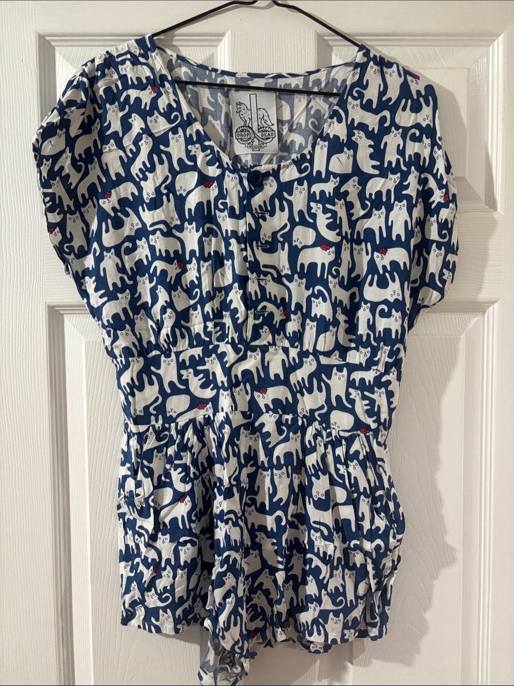 Navy & White Cat Print Romper
